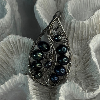 925 Sterling Silver Black Pearls Pendant Length 2.1 Inch