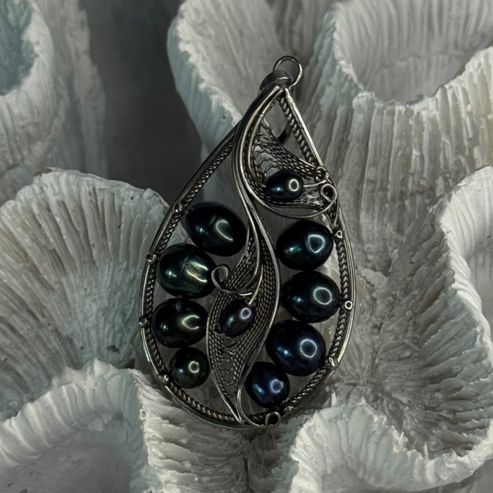 925 Sterling Silver Black Pearls Pendant Length 2.1 Inch