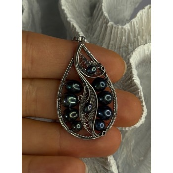 925 STERLING SILVER BLACK PEARLS PENDANT LENGTH 2.1 INCH