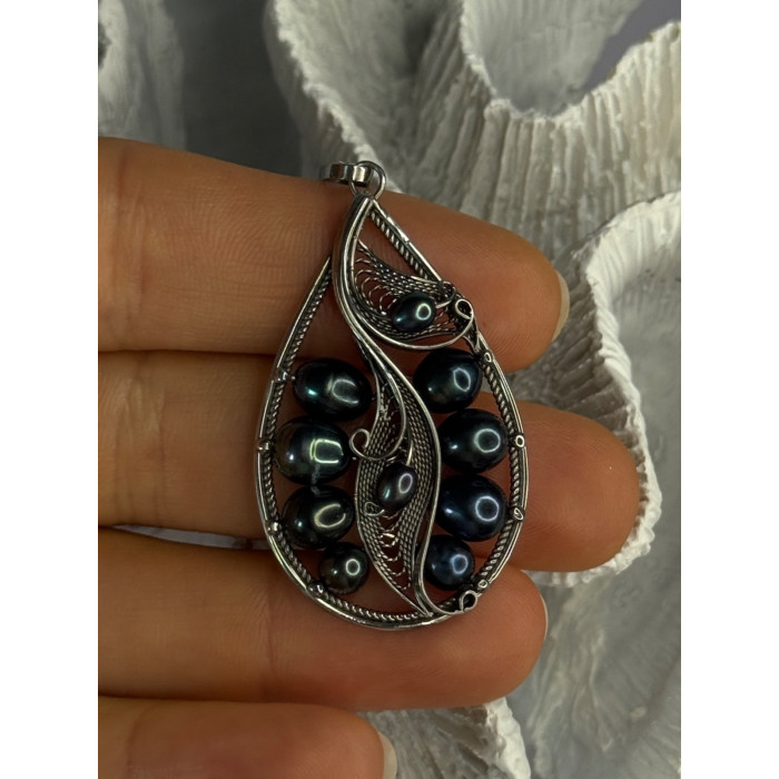 925 STERLING SILVER BLACK PEARLS PENDANT LENGTH 2.1 INCH