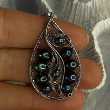 925 Sterling Silver Black Pearls Pendant Length 2.1 Inch