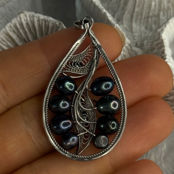 925 Sterling Silver Black Pearls Pendant Length 2.1 Inch