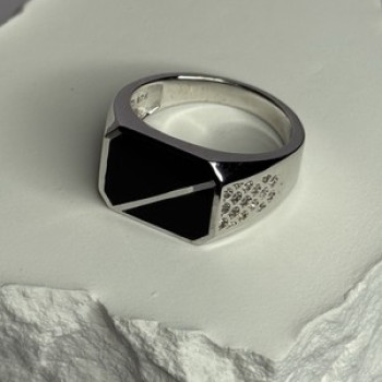 925 Sterling Silver Black Enamel & CZ Men's Ring Size 11