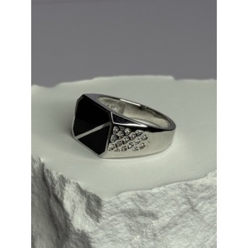 925 Sterling Silver Black Enamel & CZ Men's Ring Size 11