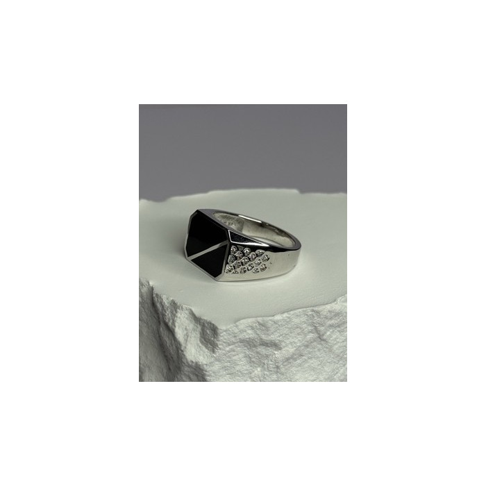 925 Sterling Silver Black Enamel & CZ Men's Ring Size 11