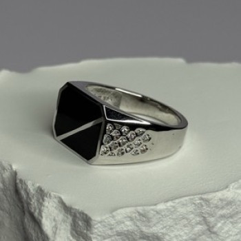 925 Sterling Silver Black Enamel & CZ Men's Ring Size 11