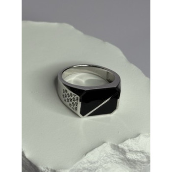 925 Sterling Silver Black Enamel & CZ Men's Ring Size 11