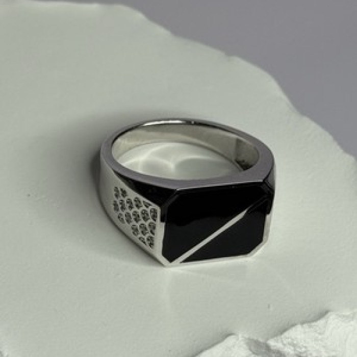 925 Sterling Silver Black Enamel & CZ Men's Ring Size 11