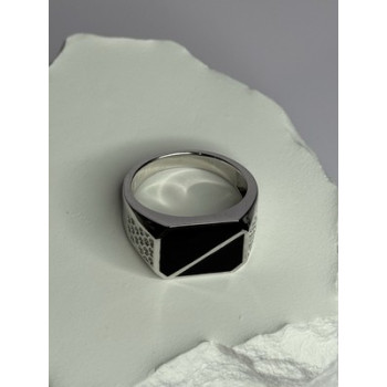 925 Sterling Silver Black Enamel & CZ Men's Ring Size 11