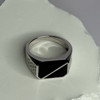925 Sterling Silver Black Enamel & CZ Men's Ring Size 11