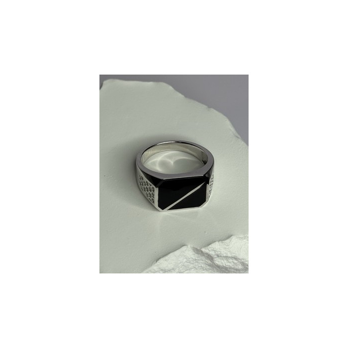 925 Sterling Silver Black Enamel & CZ Men's Ring Size 11