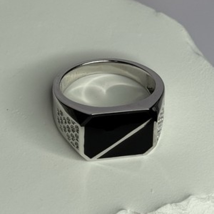 925 Sterling Silver Black Enamel & CZ Men's Ring Size 11
