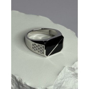 925 Sterling Silver Black Enamel & CZ Men's Ring Size 11