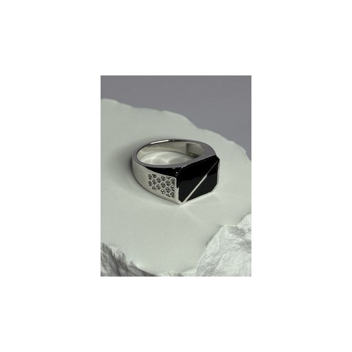 925 Sterling Silver Black Enamel & CZ Men's Ring Size 11