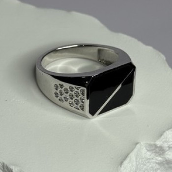 925 Sterling Silver Black Enamel & CZ Men's Ring Size 11
