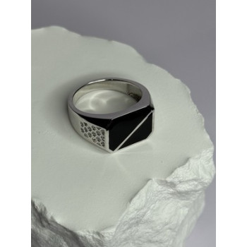 925 Sterling Silver Black Enamel & CZ Men's Ring Size 11