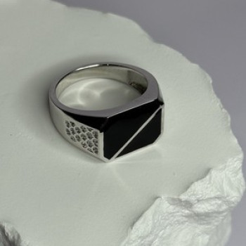 925 Sterling Silver Black Enamel & CZ Men's Ring Size 11