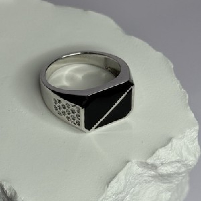 925 Sterling Silver Black Enamel & CZ Men's Ring Size 11