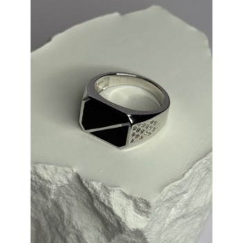 925 Sterling Silver Black Enamel & CZ Men's Ring Size 11
