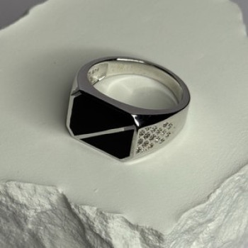 925 Sterling Silver Black Enamel & CZ Men's Ring Size 11
