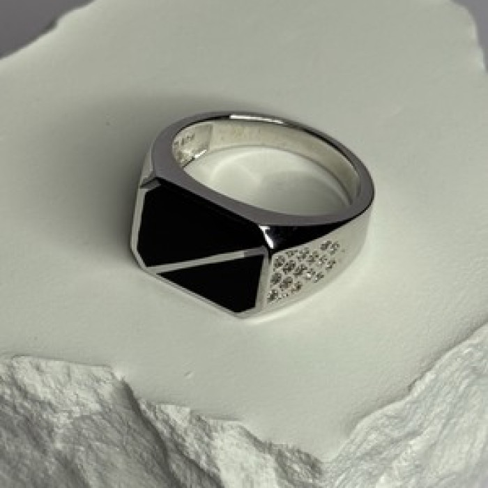 925 Sterling Silver Black Enamel & CZ Men's Ring Size 11