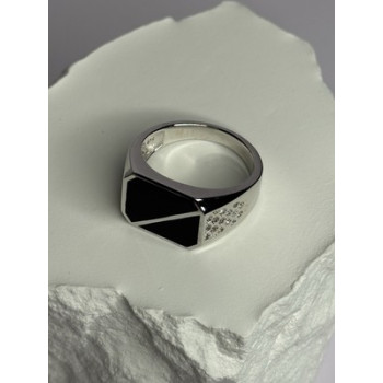 925 Sterling Silver Black Enamel & CZ Men's Ring Size 11