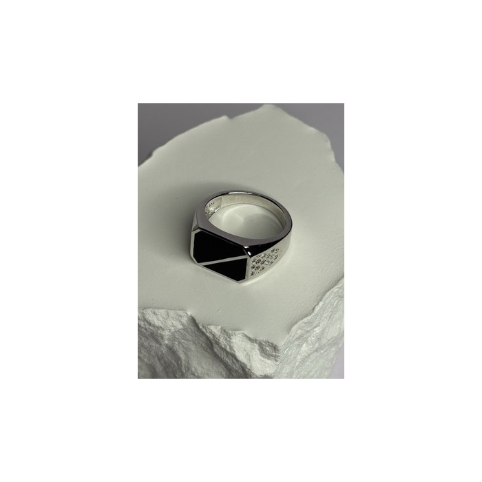 925 Sterling Silver Black Enamel & CZ Men's Ring Size 11