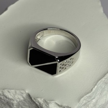 925 Sterling Silver Black Enamel & CZ Men's Ring Size 11