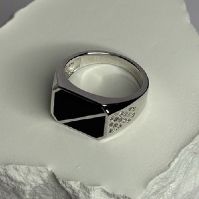 925 Sterling Silver Black Enamel & CZ Men's Ring Size 11