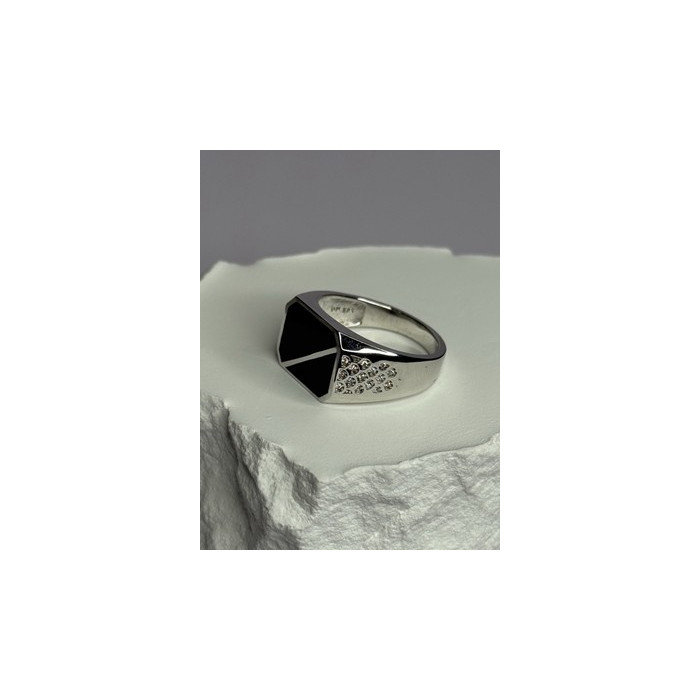 925 Sterling Silver Black Enamel & CZ Men's Ring Size 11