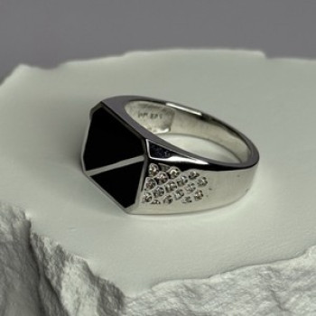 925 Sterling Silver Black Enamel & CZ Men's Ring Size 11