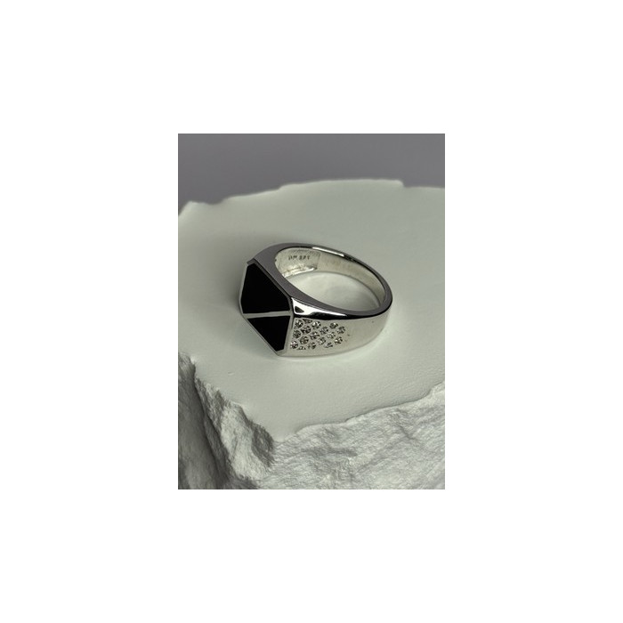 925 Sterling Silver Black Enamel & CZ Men's Ring Size 11