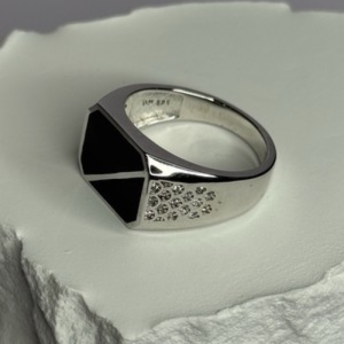 925 Sterling Silver Black Enamel & CZ Men's Ring Size 11