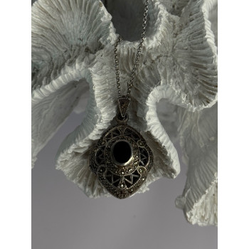 Vintage 925 Sterling Silver Open Locket Onyx & Marcasite Necklace 18 Inch