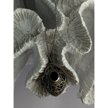 Vintage 925 Sterling Silver Open Locket Onyx & Marcasite Necklace 18 Inch