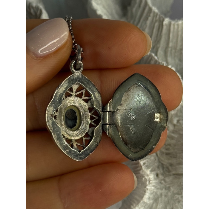 Vintage 925 Sterling Silver Open Locket Onyx & Marcasite Necklace 18 Inch