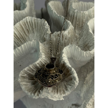 Vintage 925 Sterling Silver Open Locket Onyx & Marcasite Necklace 18 Inch