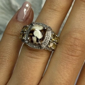 925 Sterling Silver Agate Citrine & Beryl Ring Size 6