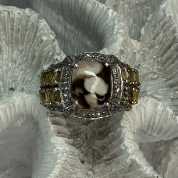 925 Sterling Silver Agate Citrine & Beryl Ring Size 6