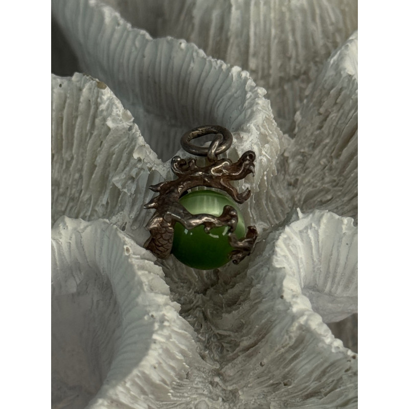 925 Sterling Silver Jade Dragon Pendant Length 0.80 Inch