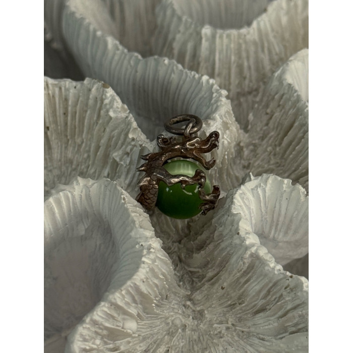 925 Sterling Silver Jade Dragon Pendant Length 0.80 Inch