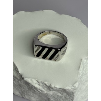 925 Sterling Silver Black Enamel & CZ Men's Ring Size 11