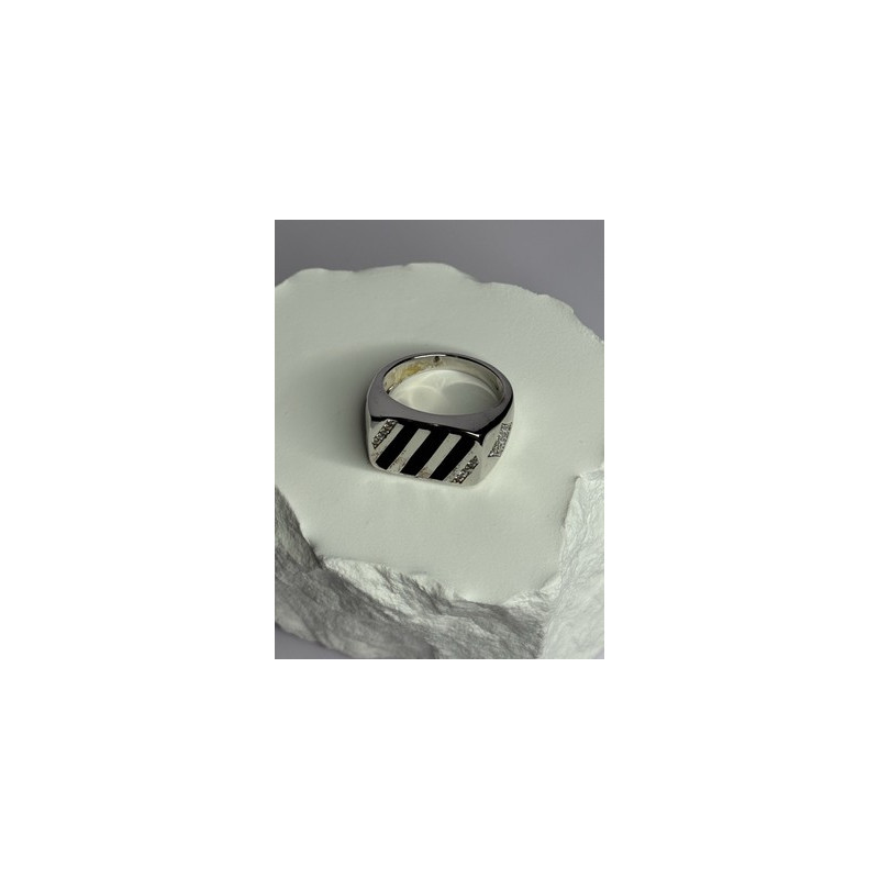 925 Sterling Silver Black Enamel & CZ Men's Ring Size 11