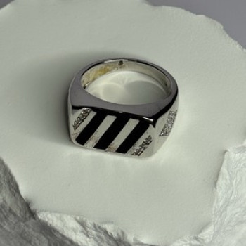 925 Sterling Silver Black Enamel & CZ Men'S Ring Size 11