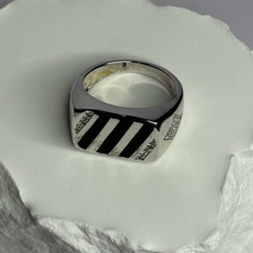 925 Sterling Silver Black Enamel & CZ Men'S Ring Size 11