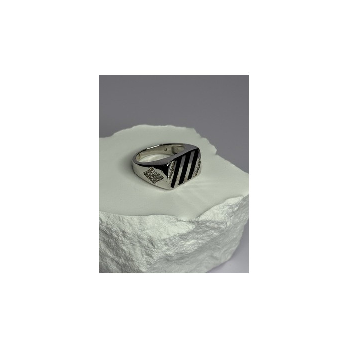 925 Sterling Silver Black Enamel & CZ Men's Ring Size 11