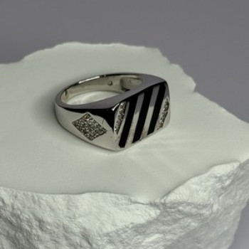 925 Sterling Silver Black Enamel & CZ Men'S Ring Size 11