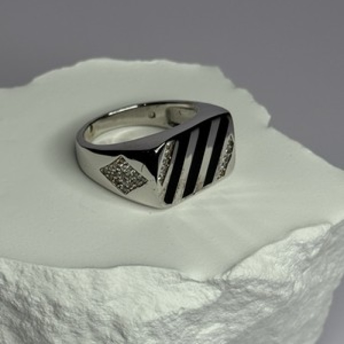 925 Sterling Silver Black Enamel & CZ Men'S Ring Size 11