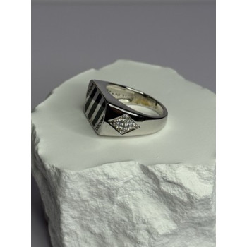 925 Sterling Silver Black Enamel & CZ Men's Ring Size 11