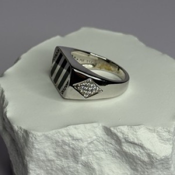 925 Sterling Silver Black Enamel & CZ Men'S Ring Size 11